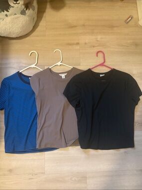 Athleta cropped ribbed t - dark green, Taupe, and Blue Stripes